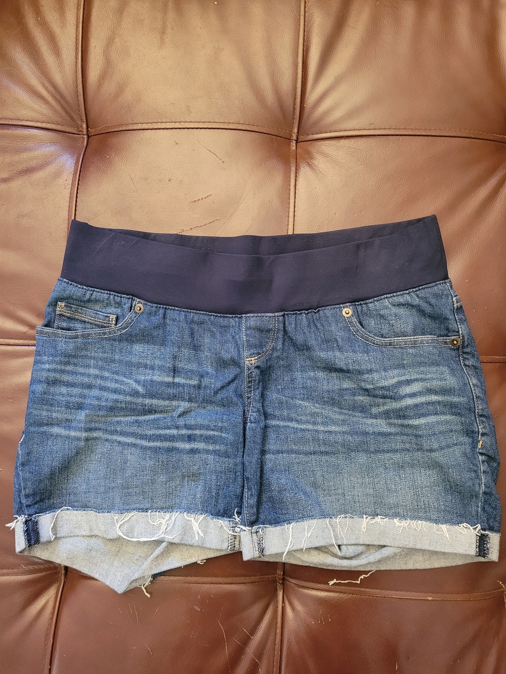 Great Expectations Blue Denim Maternity Shorts with Navy Band
